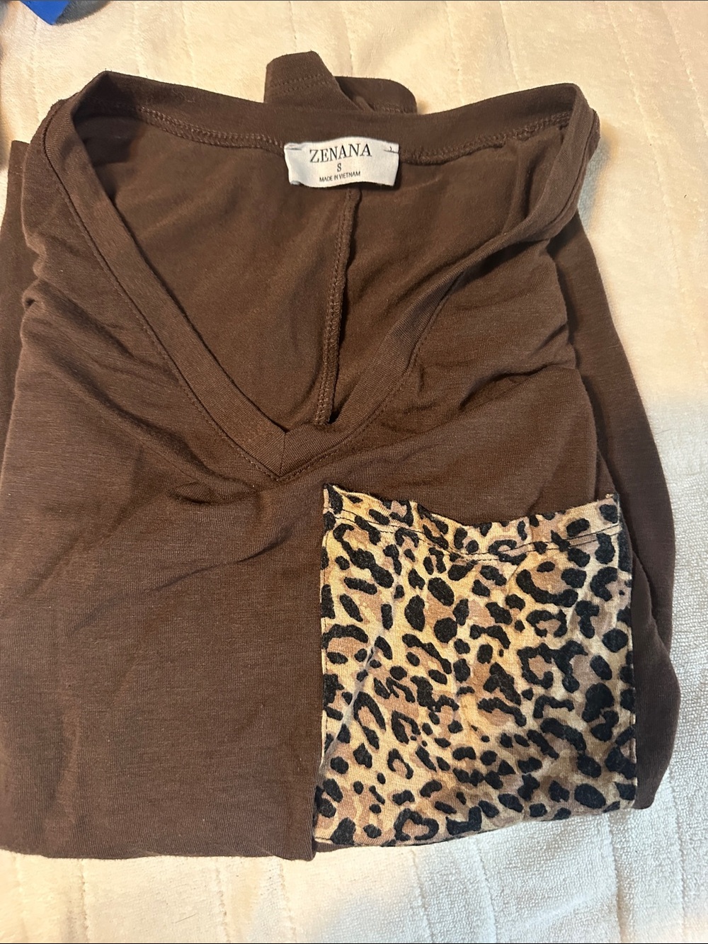 Zenana Outfitters Brown Long Sleeve Top with Leopard Print Pocket